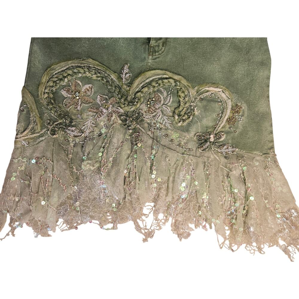 Vintage Urban Outfitters Olive Green Denim Skirt Y2K Fairy Boho Fringe 8/10 - Picture 2 of 6